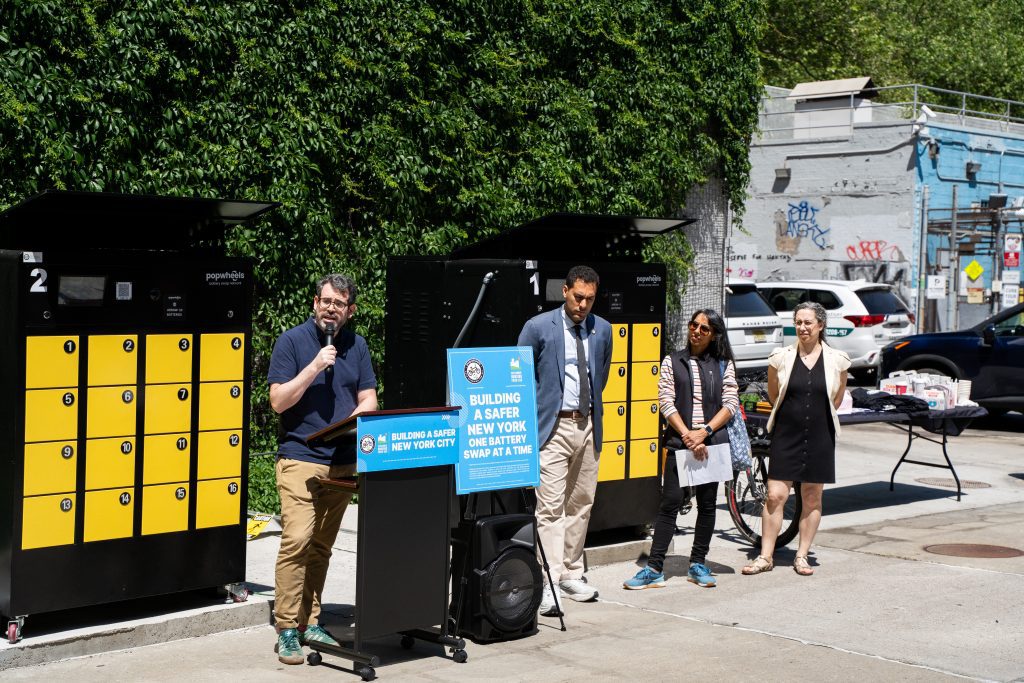 PopWheels Co-founder David Hammer, NYC Council Member Christopher Marte, Two Bridges Tower Resident Association Representative Aruna Hekinian, and SHF President Judy Herbstman (Gibson Chu/PopWheels)